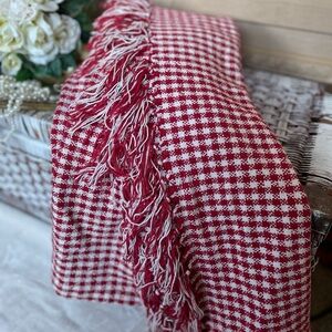 VTG Ralph Lauren  Red & White Gingham Checker Plaid Throw Blanket w/ Fringe
